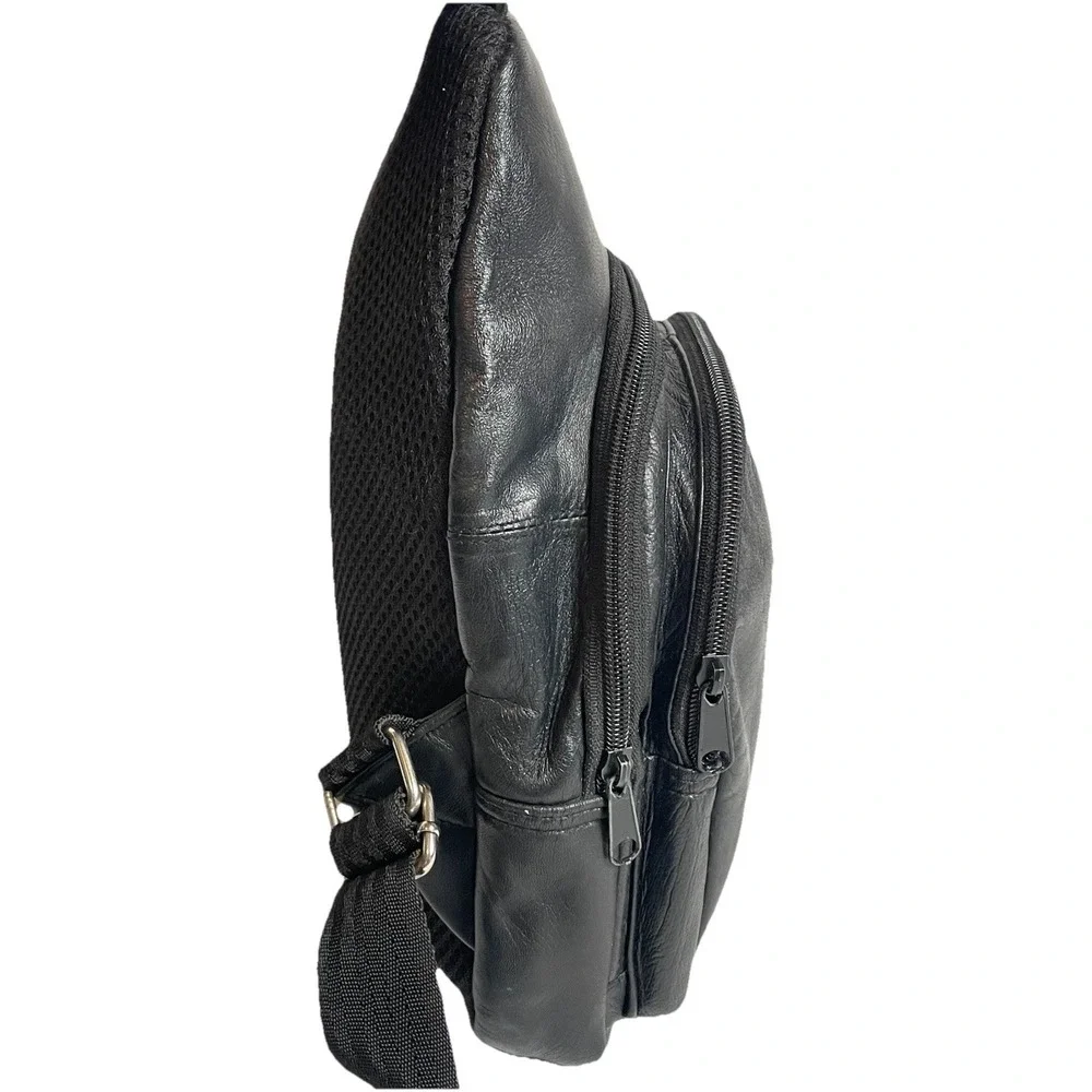 Y2K Genuine Leather Sling Bag Unisex Small Black Multiple Pockets Travel Casual